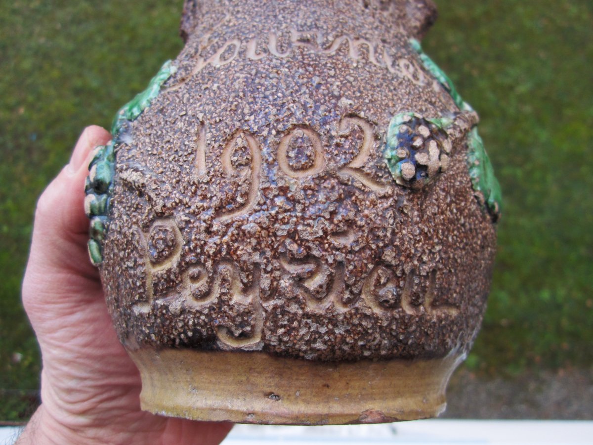 Antique Glazed Terracotta Family Name Pitcher, Peyrieu 1902, Charansonnet Belley, Ain Pottery-photo-2