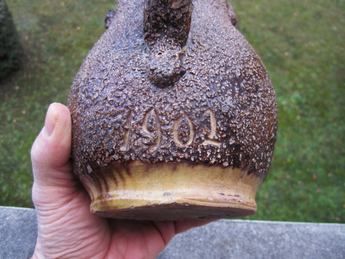 Antique Glazed Terracotta Family Name Pitcher, Peyrieu 1902, Charansonnet Belley, Ain Pottery-photo-6