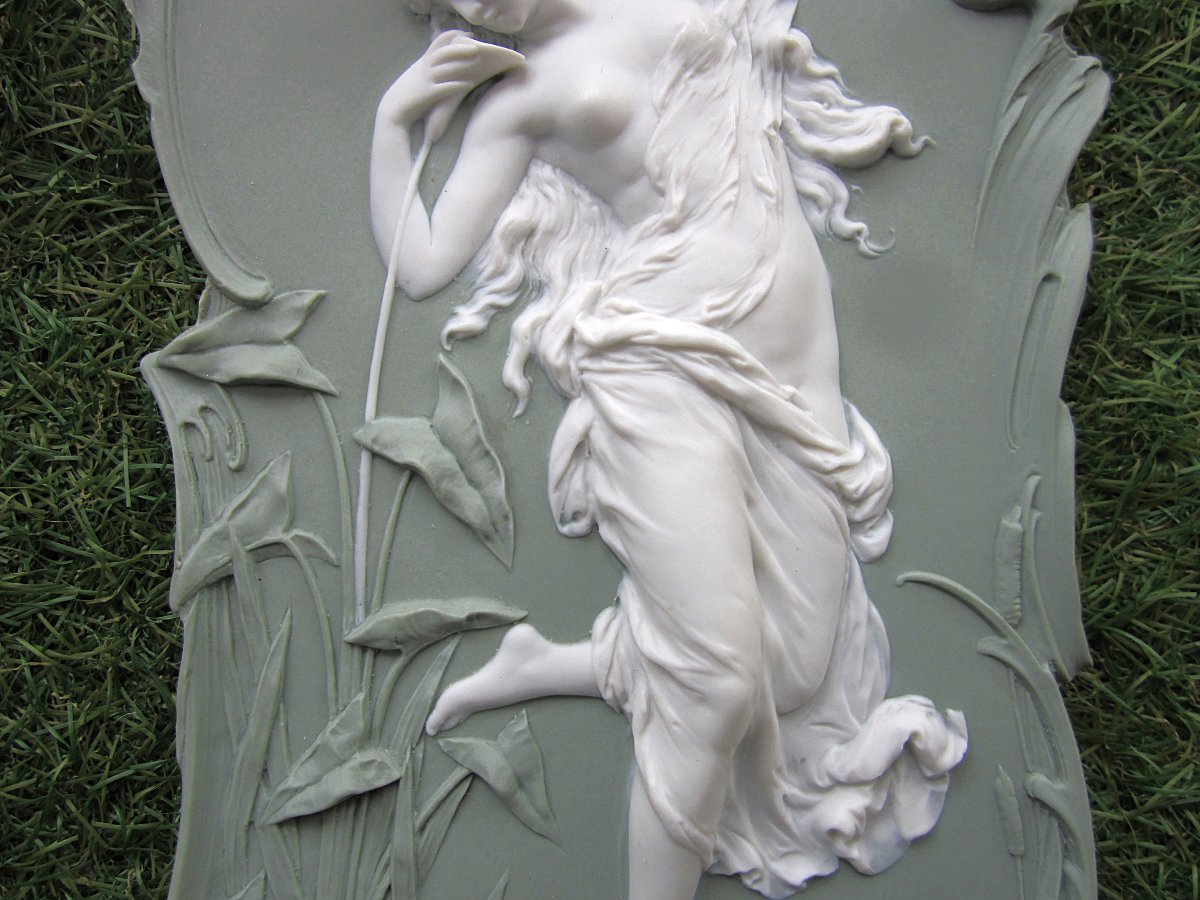 Très belle paire de plaque en biscuit de porcelaine femmes Art Nouveau 1900, Volkstedt Thuringe-photo-4