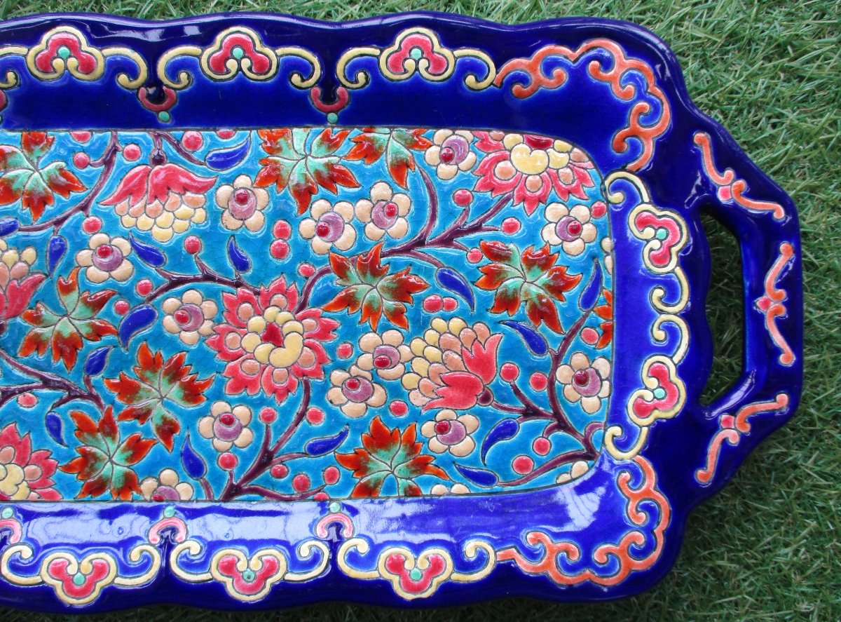 Ancien très beau plat à cake en émaux de Longwy parfait état de conservation Longueur : 39,2 cm-photo-4