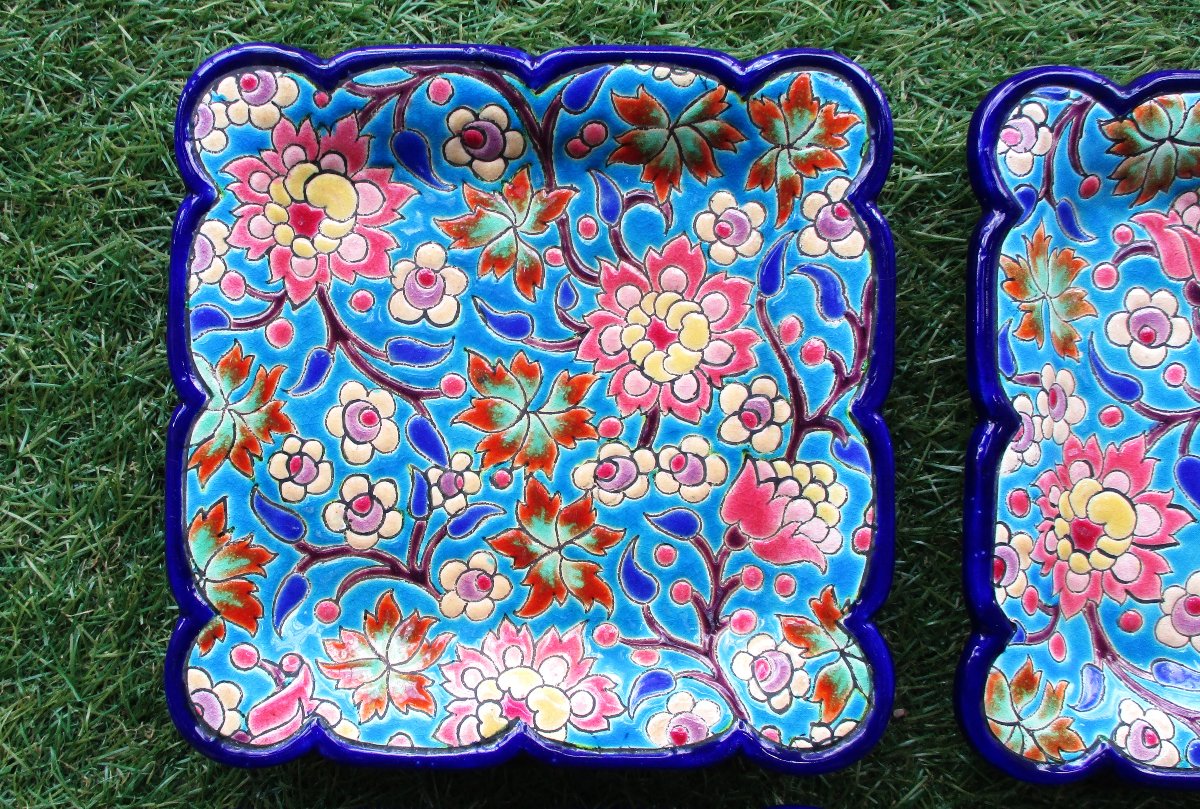 Huit belles assiettes à dessert carrées en émaux de longwy en parfait état.-photo-3