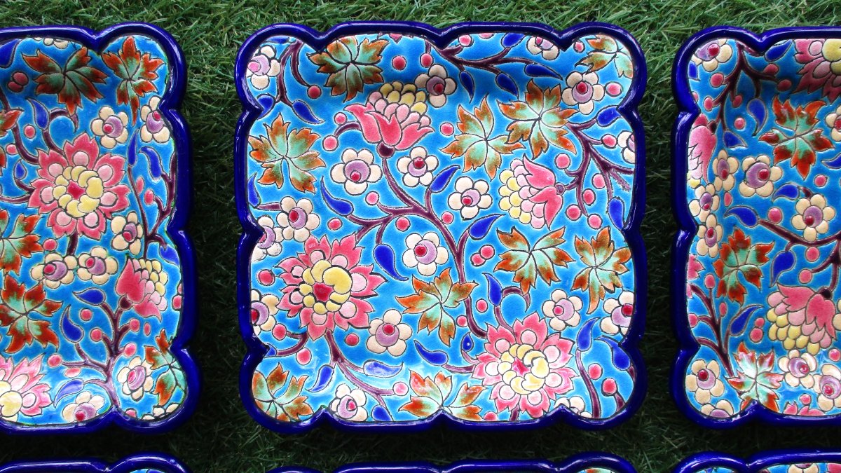 Huit belles assiettes à dessert carrées en émaux de longwy en parfait état.-photo-4