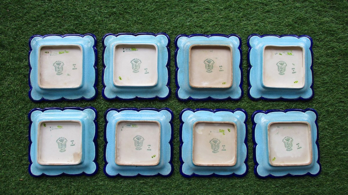 Huit belles assiettes à dessert carrées en émaux de longwy en parfait état.-photo-7