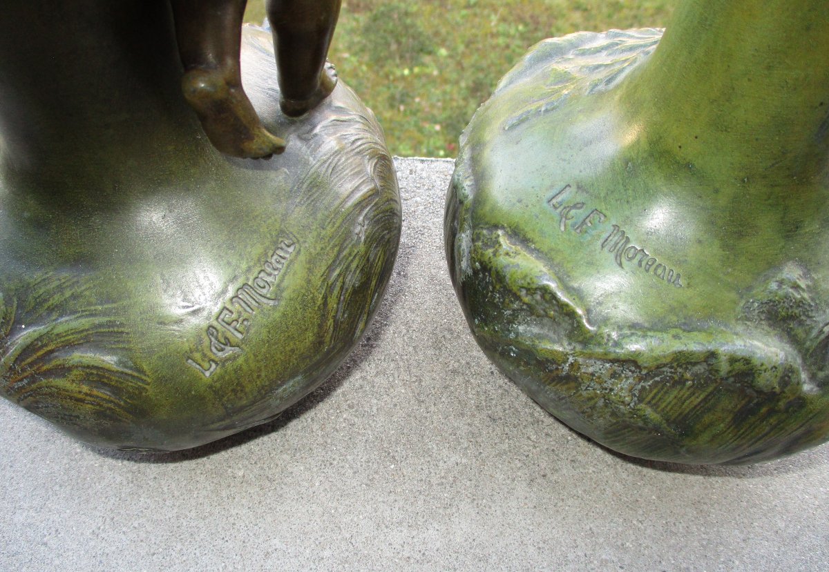 Très belle paire de vases Art Nouveau en régule à patine vert antique signés L&F Moreau 34,5 cm-photo-3