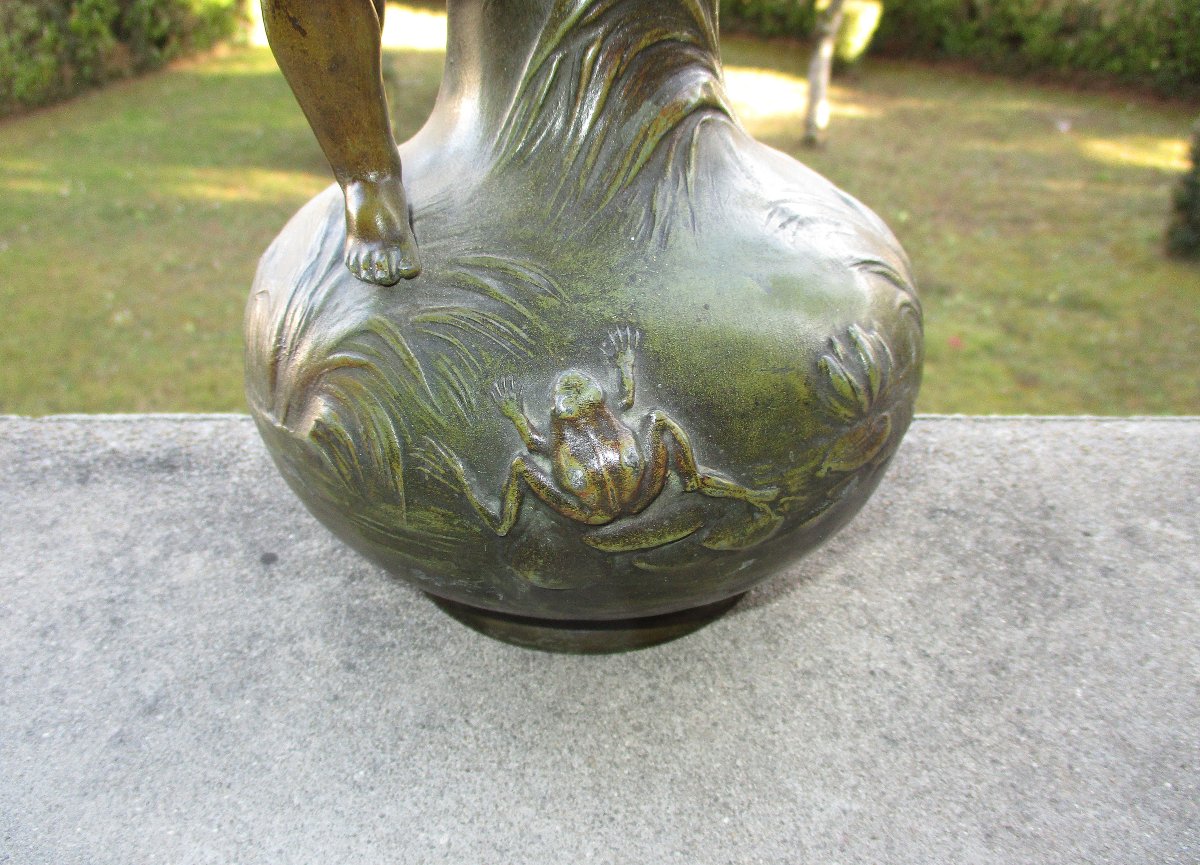 Très belle paire de vases Art Nouveau en régule à patine vert antique signés L&F Moreau 34,5 cm-photo-5