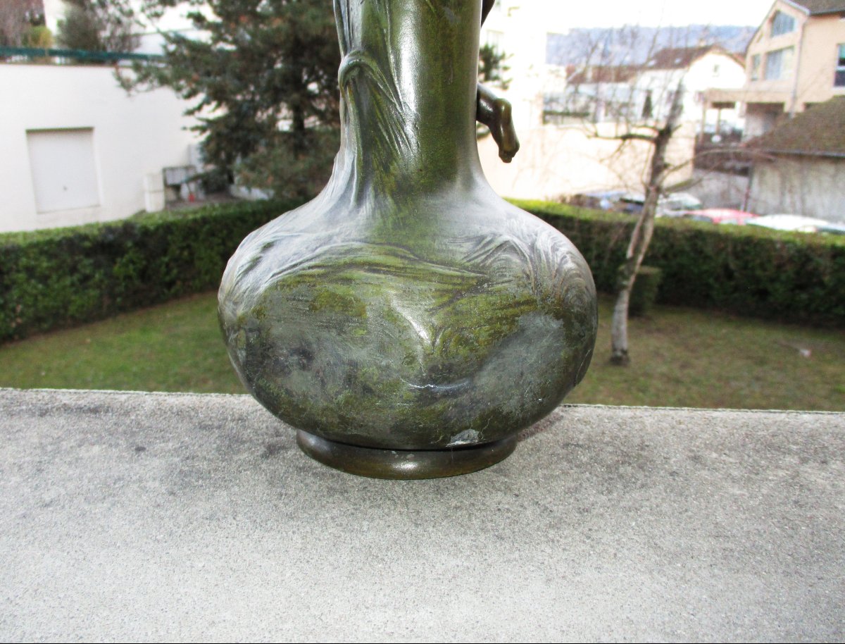 Très belle paire de vases Art Nouveau en régule à patine vert antique signés L&F Moreau 34,5 cm-photo-8