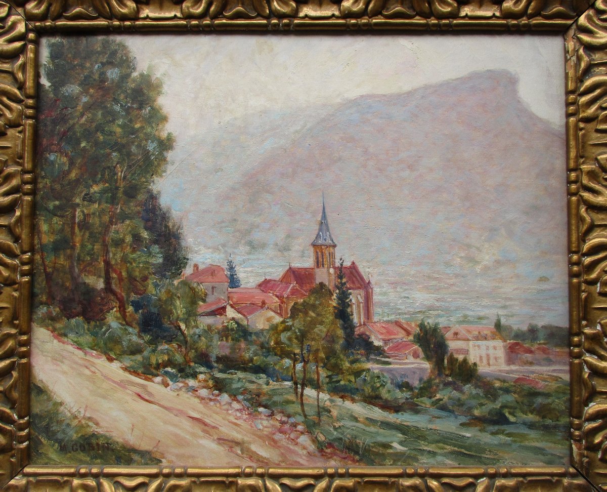 Beautiful Mountain Painting Signed Marcel Gobin, Voreppe View Taken From The Chalais Road, Grenoble.-photo-2