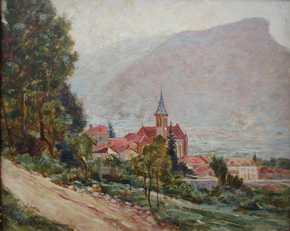 Beautiful Mountain Painting Signed Marcel Gobin, Voreppe View Taken From The Chalais Road, Grenoble.-photo-3