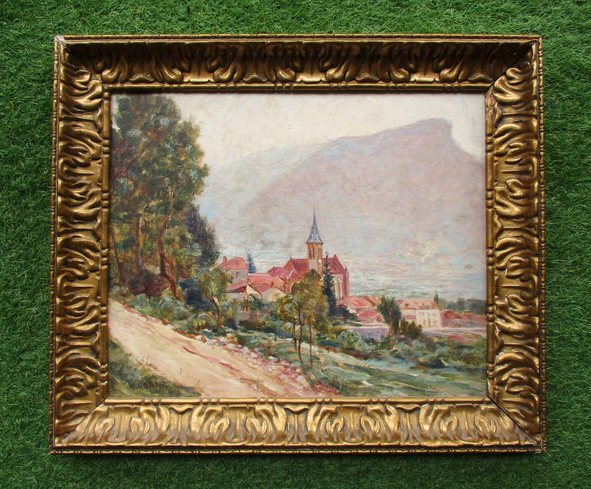 Beautiful Mountain Painting Signed Marcel Gobin, Voreppe View Taken From The Chalais Road, Grenoble.