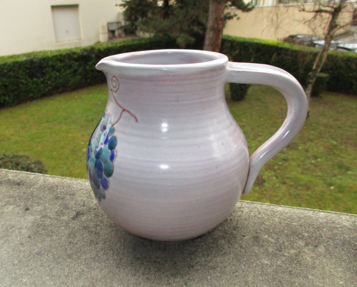 Beautiful Apple And Grape Pitcher Or Water Jug Signed By Brothers Robert And Jean Cloutier-photo-3
