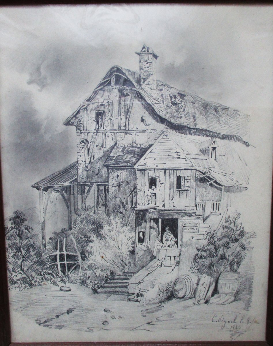 Very Beautiful Pencil Drawing, Signed And Dated 1849, Of A Country House With Many Details.-photo-2