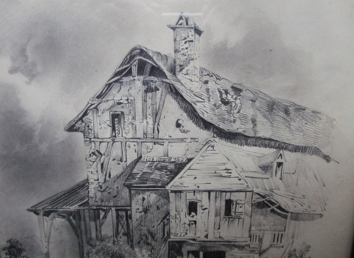 Very Beautiful Pencil Drawing, Signed And Dated 1849, Of A Country House With Many Details.-photo-3