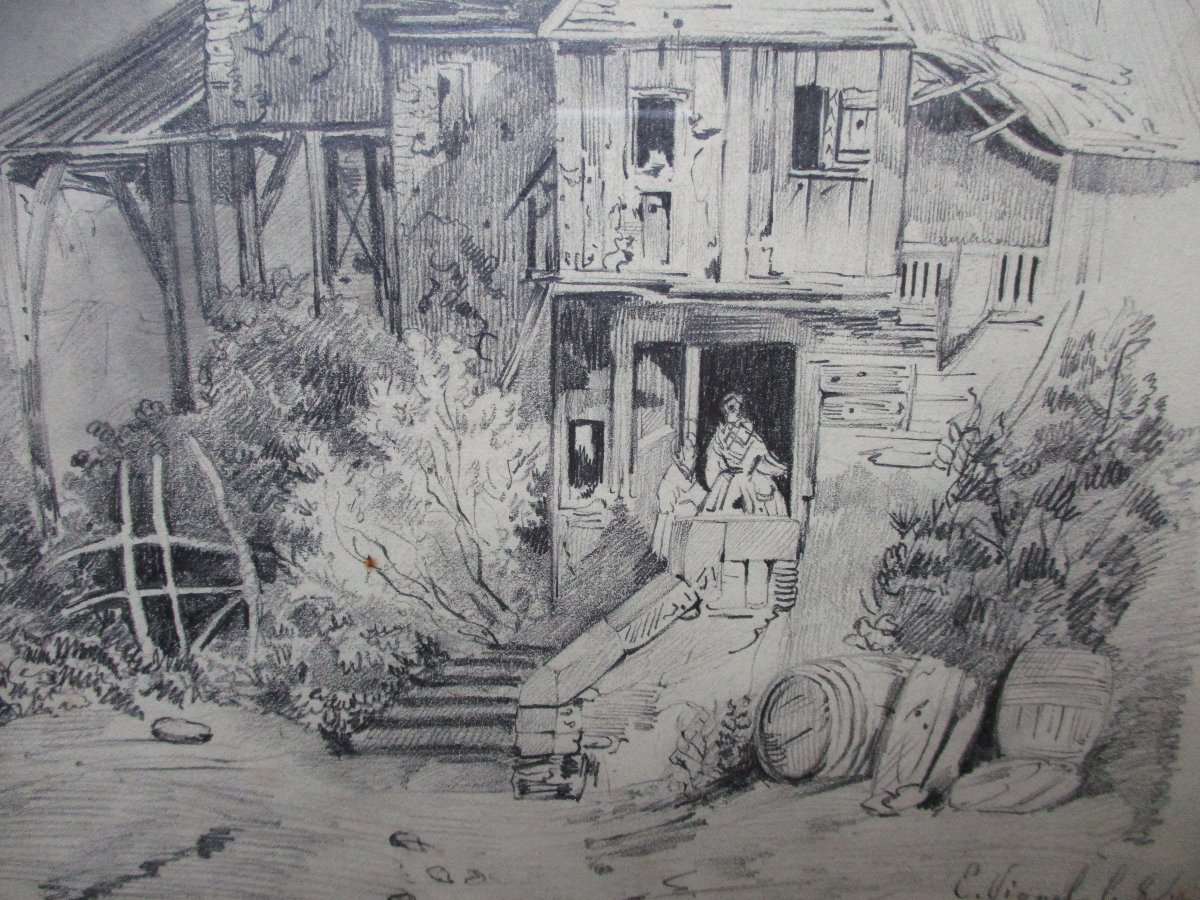 Very Beautiful Pencil Drawing, Signed And Dated 1849, Of A Country House With Many Details.-photo-4