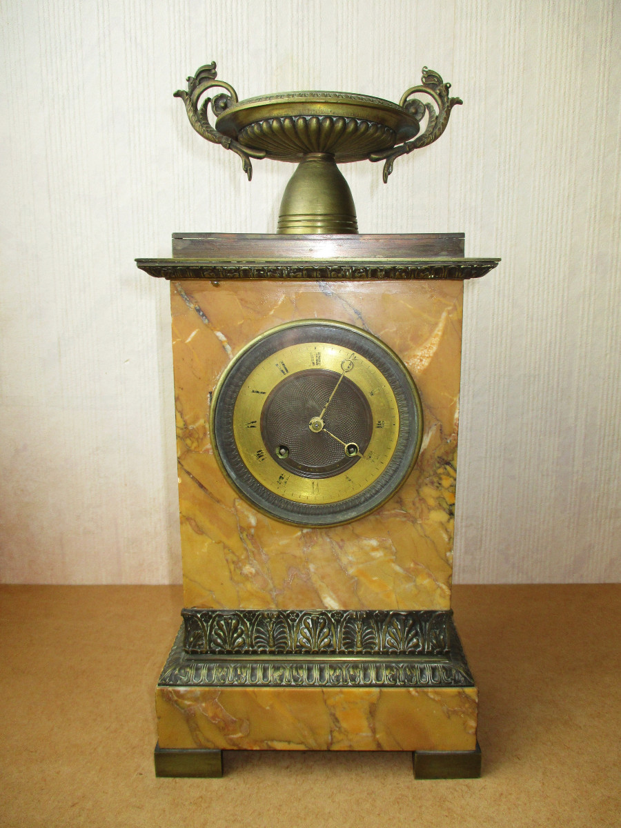 Ancienne pendule borne début XIXe d'époque Restauration Charles X marbre de Sienne et bronze.-photo-2