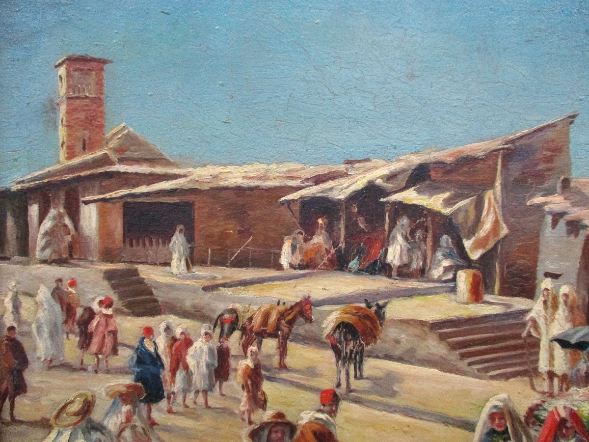 Ancien beau tableau orientaliste signé scène de marché à Mellila Maroc Espagne huile sur bois.-photo-4