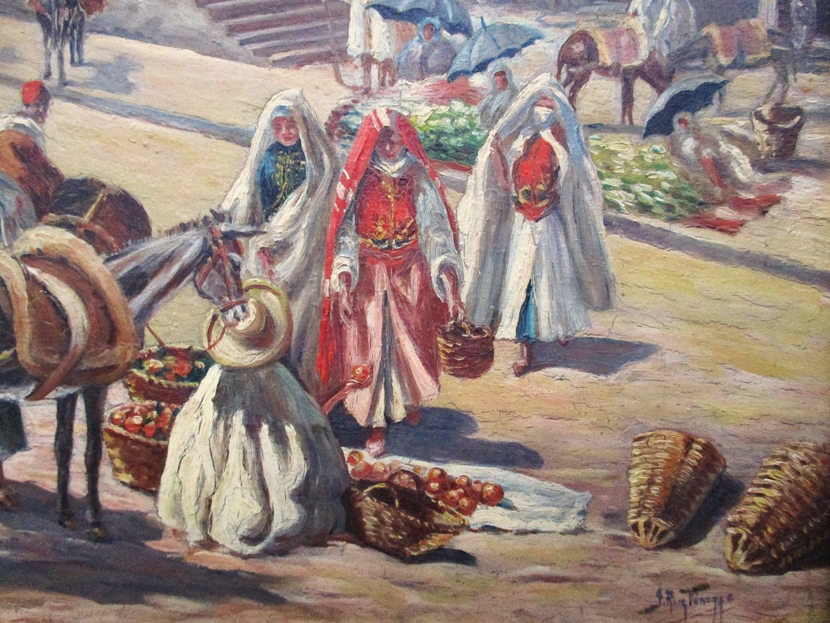 Ancien beau tableau orientaliste signé scène de marché à Mellila Maroc Espagne huile sur bois.-photo-2