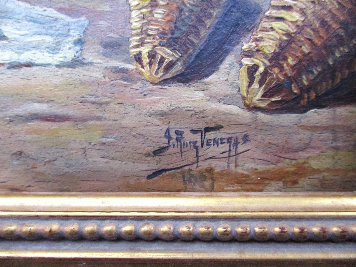 Ancien beau tableau orientaliste signé scène de marché à Mellila Maroc Espagne huile sur bois.-photo-3