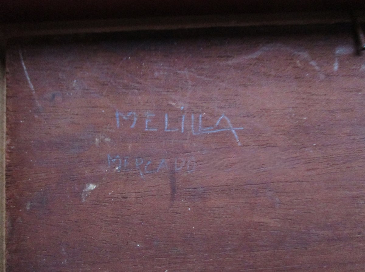 Ancien beau tableau orientaliste signé scène de marché à Mellila Maroc Espagne huile sur bois.-photo-5