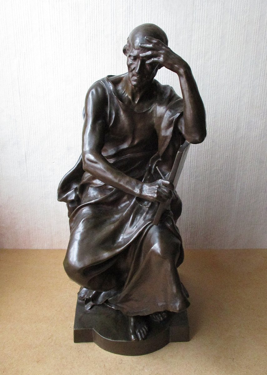 Sculpture en bronze XIXe l'étude et la méditation signée Paul Dubois Fondeur Barbedienne Collas-photo-2