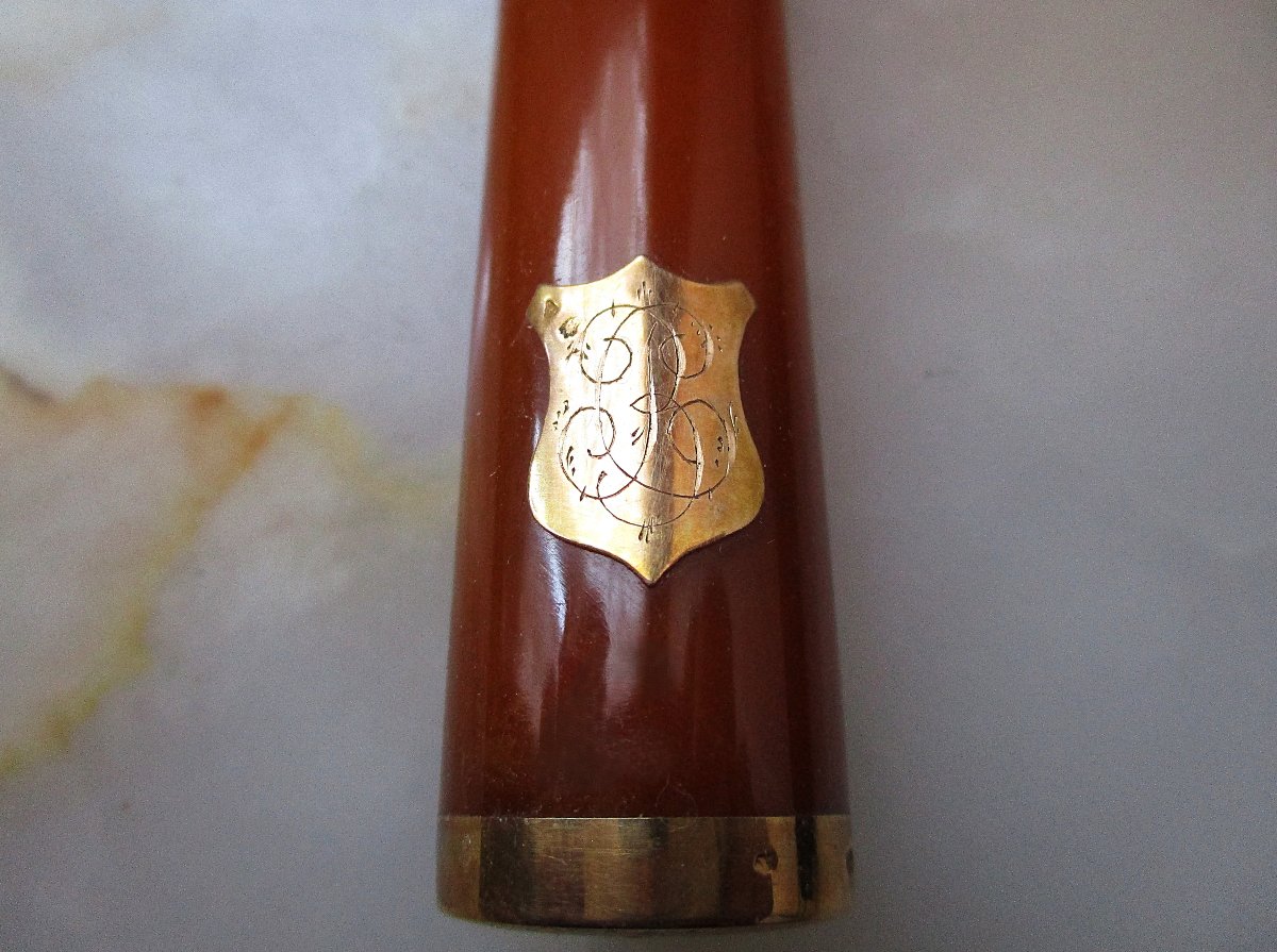 Antique Beautiful Cigarette Holder In Amber And Solid 18k Gold, Monogrammed Bc-photo-4