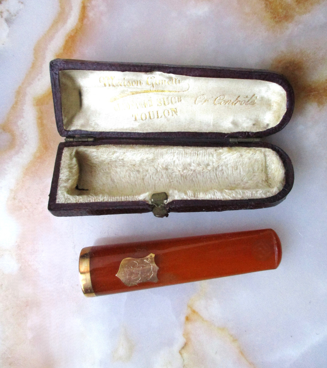 Antique Beautiful Cigarette Holder In Amber And Solid 18k Gold, Monogrammed Bc-photo-2