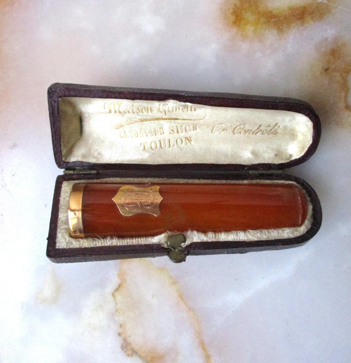 Antique Beautiful Cigarette Holder In Amber And Solid 18k Gold, Monogrammed Bc