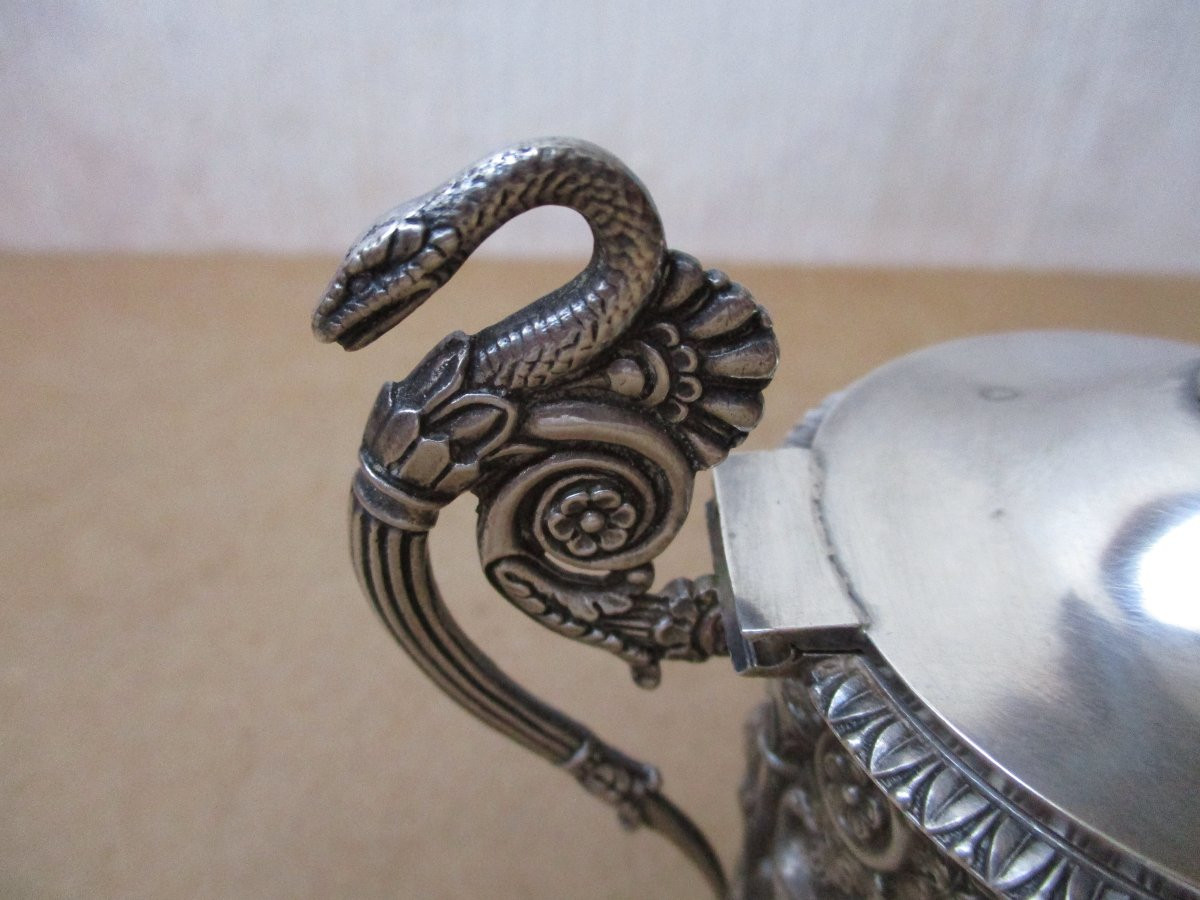 Beautiful Solid Silver Mustard Pot In Empire Style From The Restoration Period, Lid Needs Restoration.-photo-2