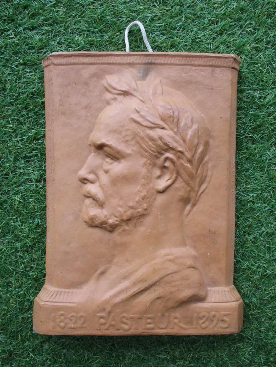 Ancienne plaque murale en terre cuite Louis Pasteur signée Edmond Lachenal médecine médecin.