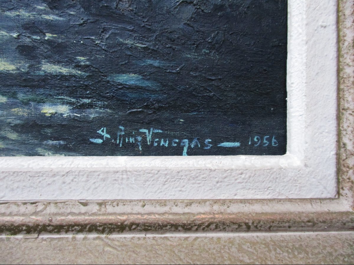 Ancien très beau tableau clair de lune sur le rivière signé en 1956  Huile sur carton.-photo-3