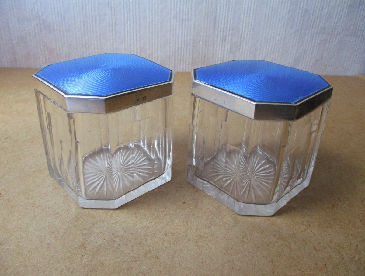 Two Beautiful Art Deco Crystal Boxes With Enamelled Sterling Silver Lids And Vermeil Interiors-photo-2