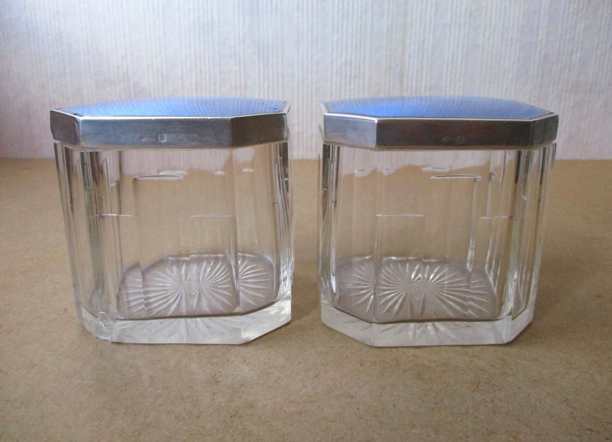 Two Beautiful Art Deco Crystal Boxes With Enamelled Sterling Silver Lids And Vermeil Interiors-photo-3