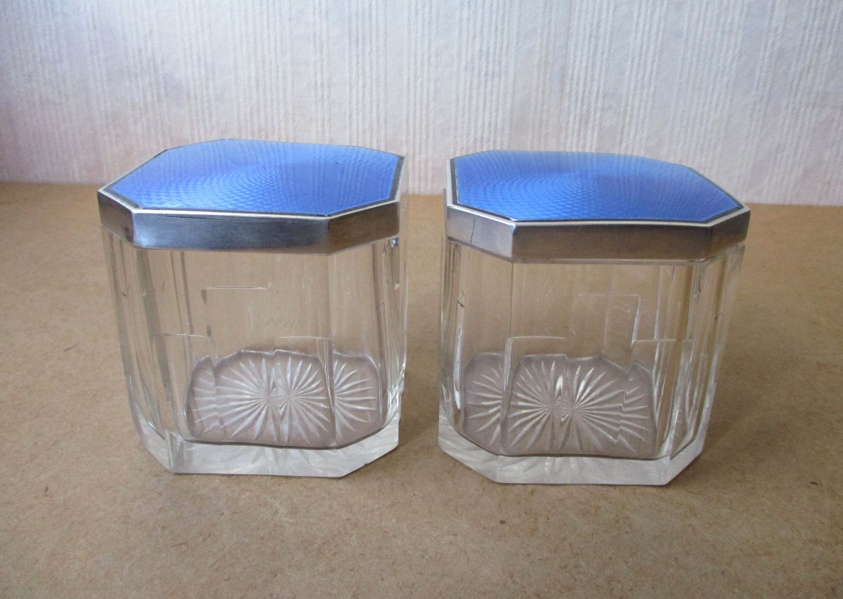 Two Beautiful Art Deco Crystal Boxes With Enamelled Sterling Silver Lids And Vermeil Interiors-photo-4