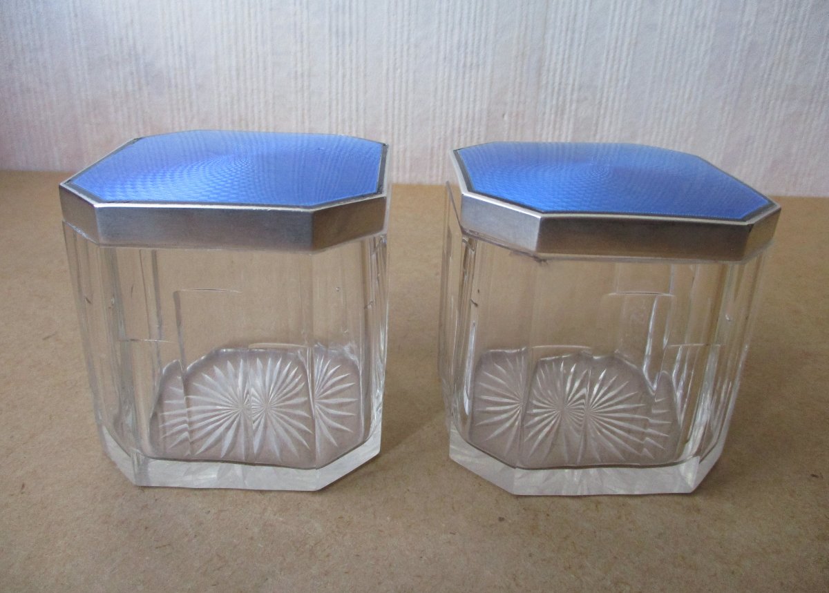Two Beautiful Art Deco Crystal Boxes With Enamelled Sterling Silver Lids And Vermeil Interiors-photo-1