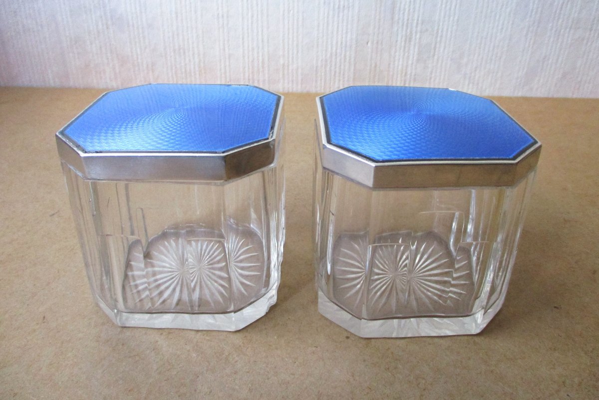 Two Beautiful Art Deco Crystal Boxes With Enamelled Sterling Silver Lids And Vermeil Interiors-photo-2