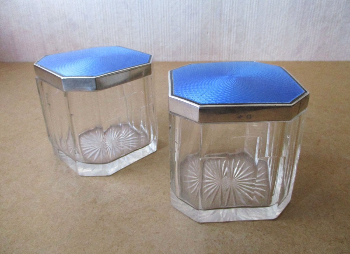 Two Beautiful Art Deco Crystal Boxes With Enamelled Sterling Silver Lids And Vermeil Interiors