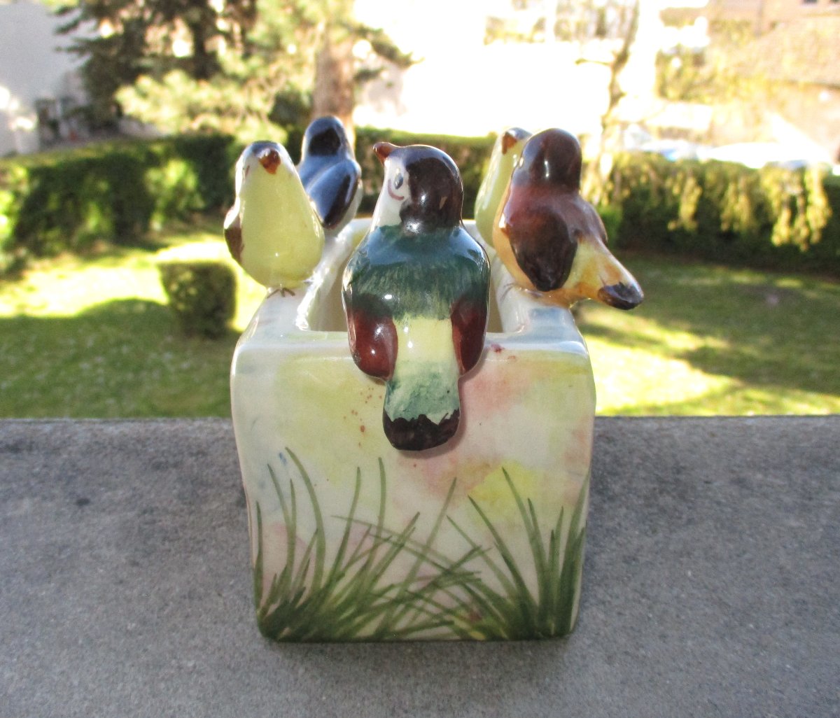 Beautiful Little Bird Planter Signed Jérôme Massier Vallauris Art Nouveau.-photo-2