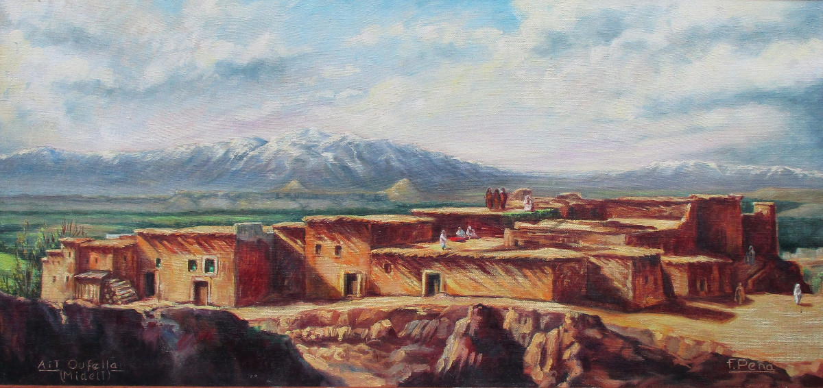 Large Oriental Painting By Feliciano Pena Morocco Aït Oufella Midelt Between Atlas And Desert.-photo-3