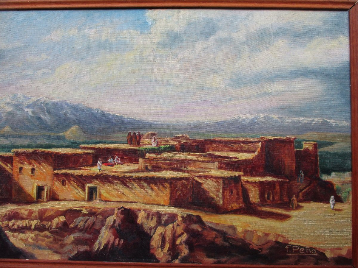Large Oriental Painting By Feliciano Pena Morocco Aït Oufella Midelt Between Atlas And Desert.-photo-1