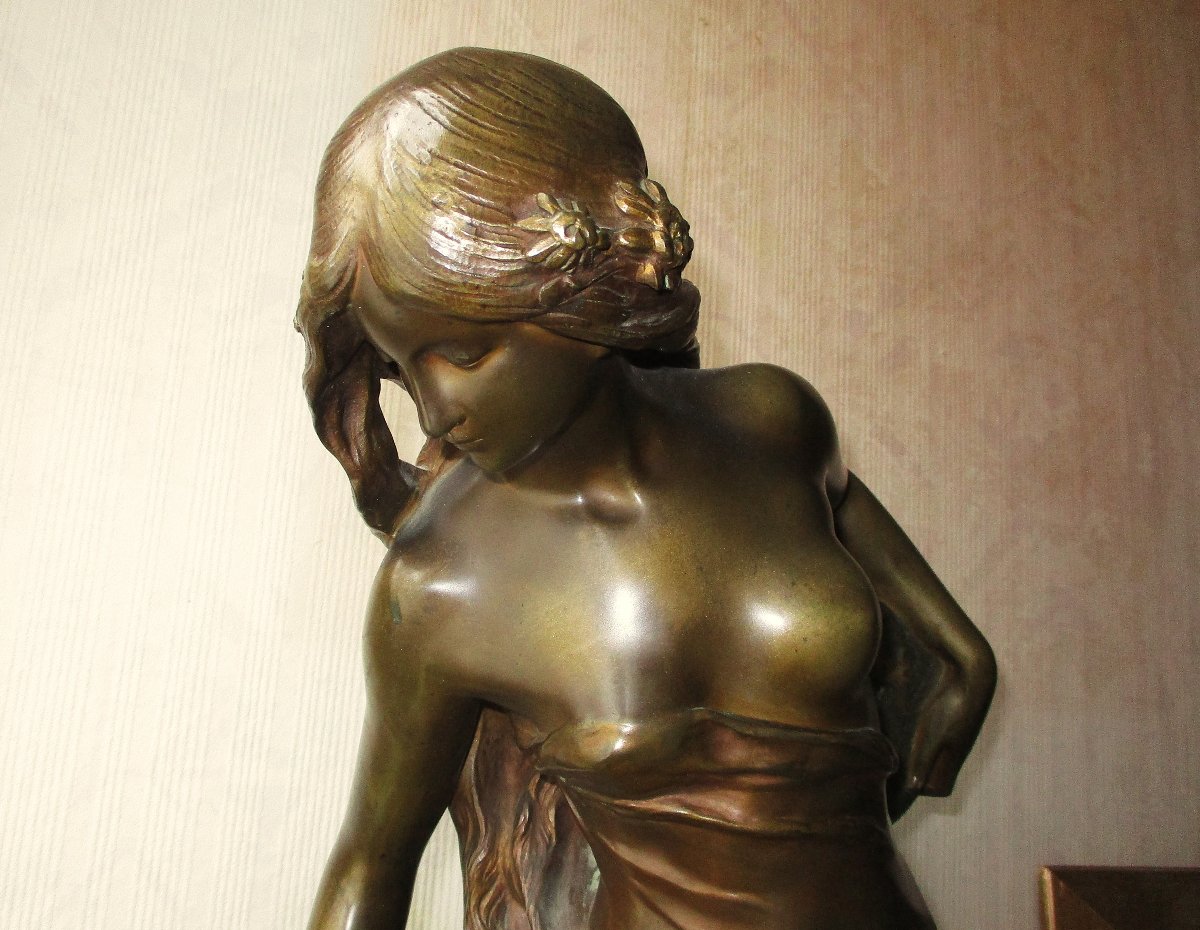 Large Art Nouveau Bronze Mathurin Moreau 1904 Jeune Femme à La Source, Onyx Base, 73 Cm.-photo-2