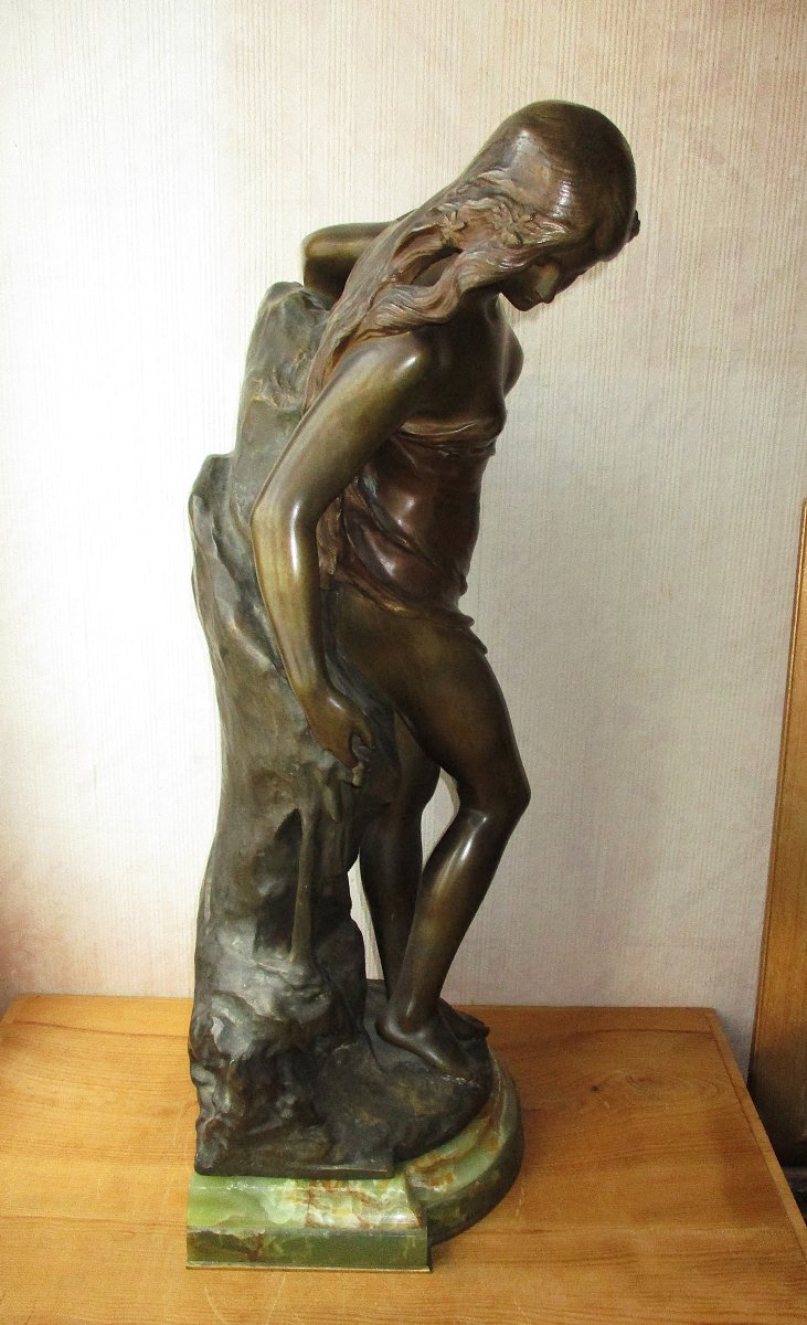 Large Art Nouveau Bronze Mathurin Moreau 1904 Jeune Femme à La Source, Onyx Base, 73 Cm.-photo-3