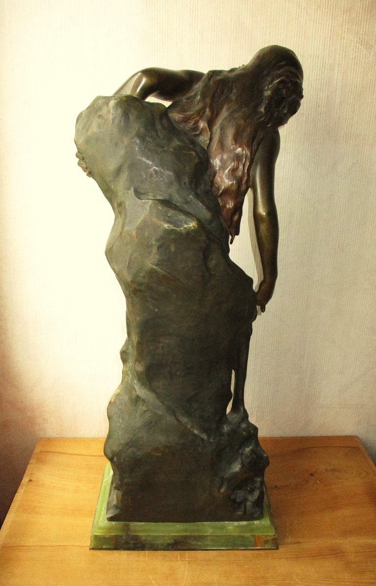 Large Art Nouveau Bronze Mathurin Moreau 1904 Jeune Femme à La Source, Onyx Base, 73 Cm.-photo-4