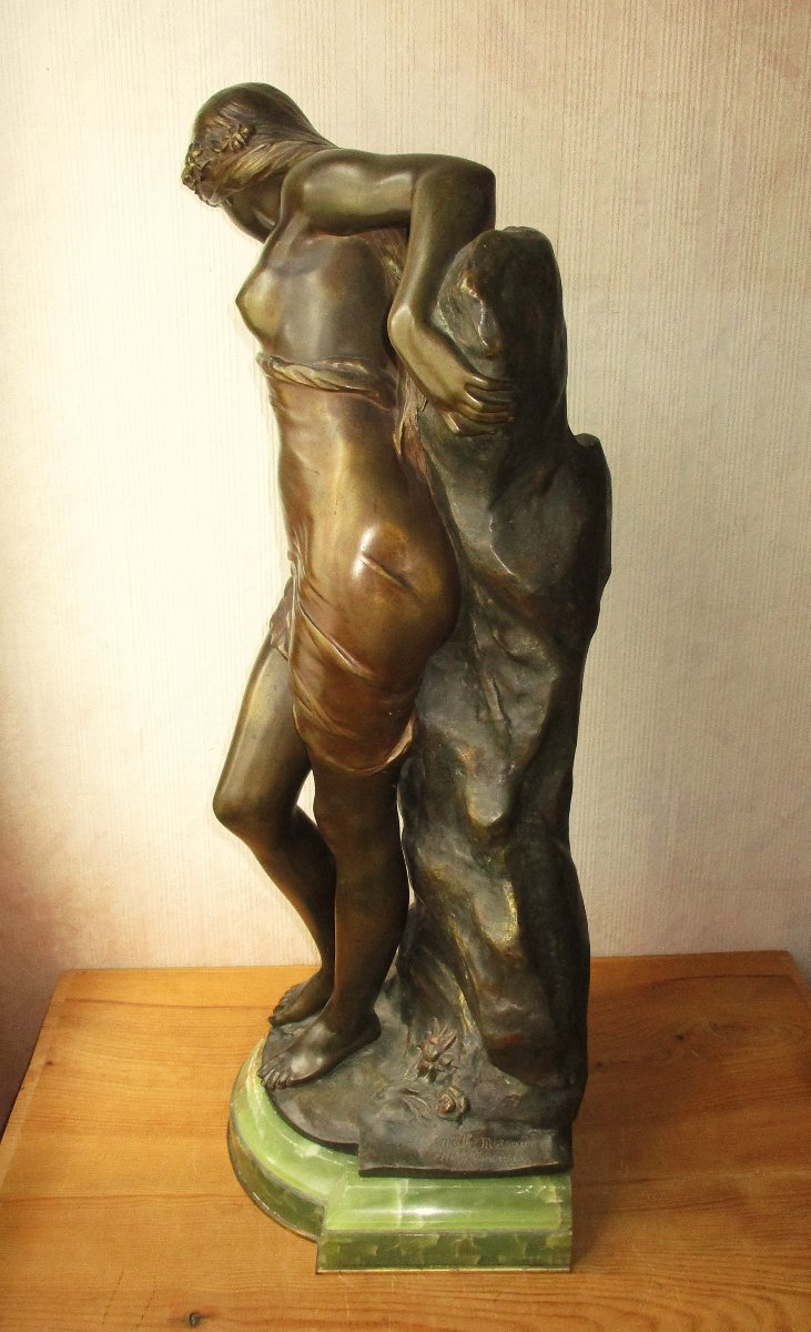 Large Art Nouveau Bronze Mathurin Moreau 1904 Jeune Femme à La Source, Onyx Base, 73 Cm.-photo-1