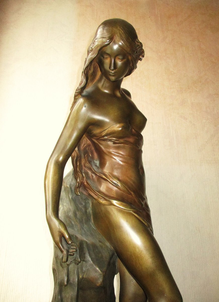 Large Art Nouveau Bronze Mathurin Moreau 1904 Jeune Femme à La Source, Onyx Base, 73 Cm.-photo-2