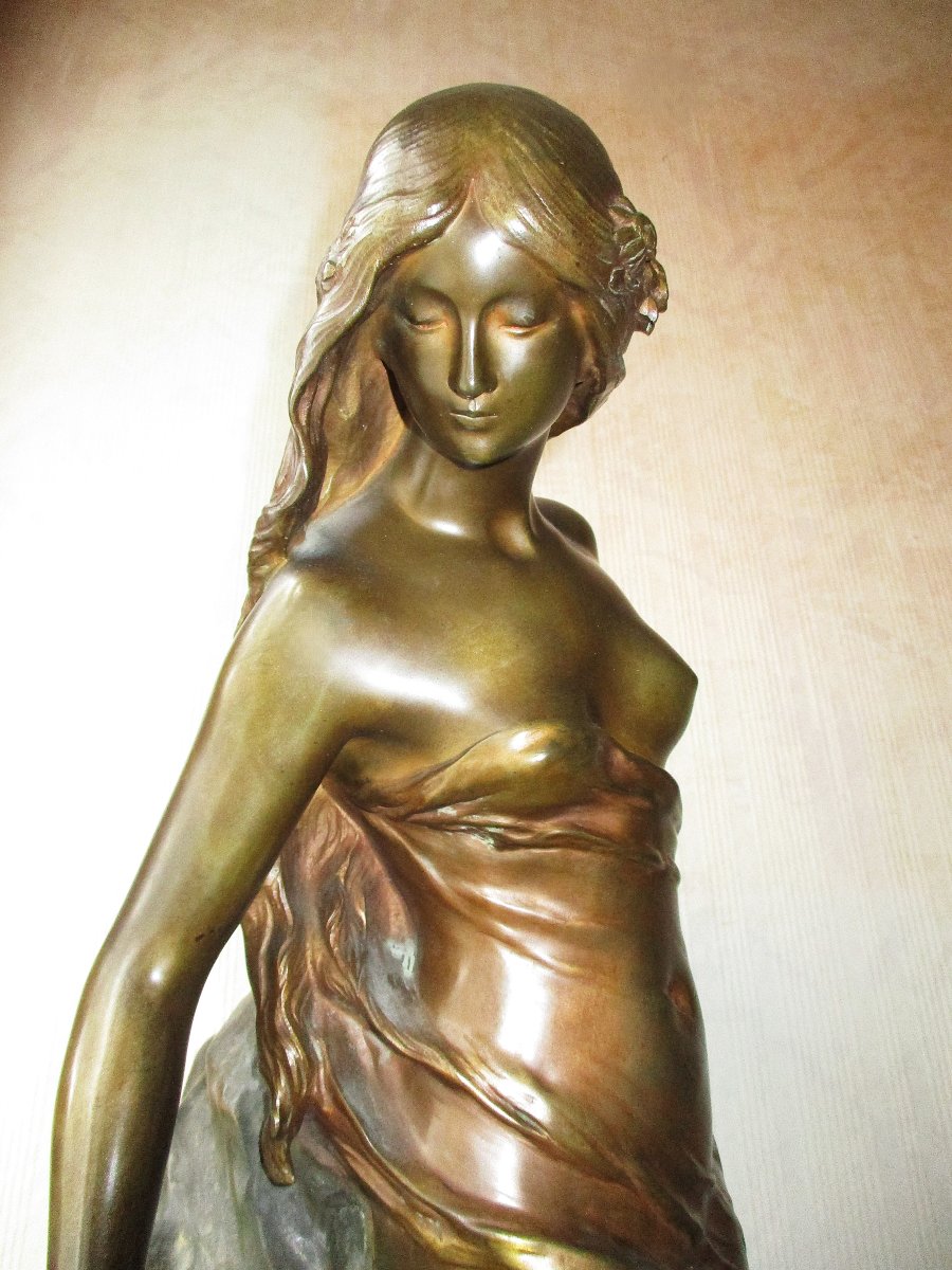 Large Art Nouveau Bronze Mathurin Moreau 1904 Jeune Femme à La Source, Onyx Base, 73 Cm.-photo-3