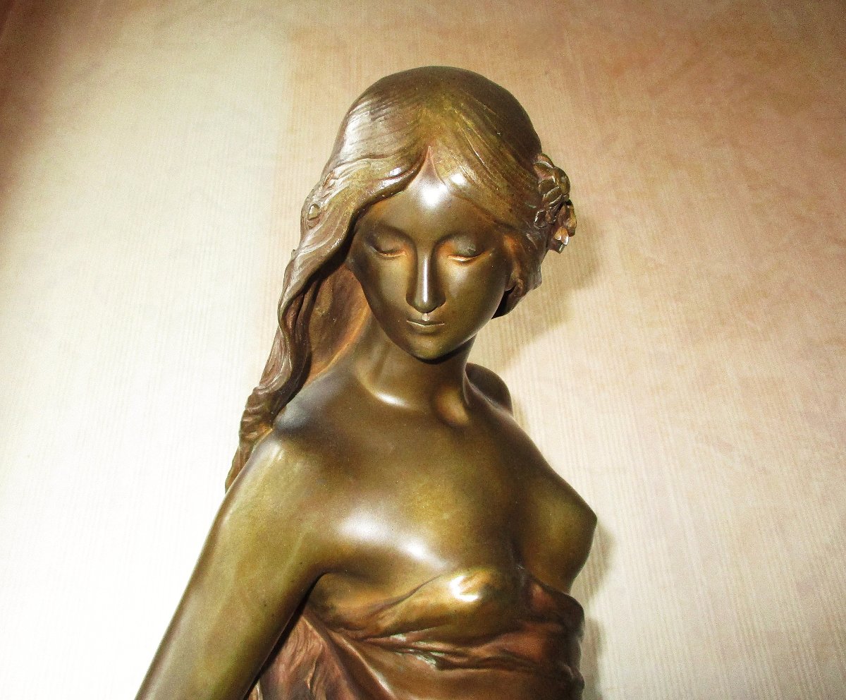 Large Art Nouveau Bronze Mathurin Moreau 1904 Jeune Femme à La Source, Onyx Base, 73 Cm.-photo-4