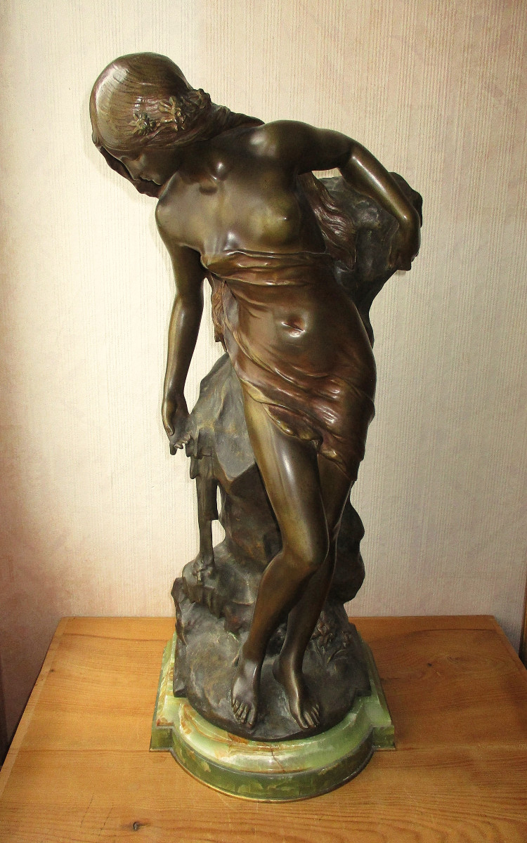 Large Art Nouveau Bronze Mathurin Moreau 1904 Jeune Femme à La Source, Onyx Base, 73 Cm.