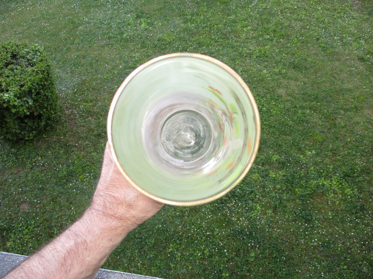 Très beau vase Art Nouveau en verre émaillé à décor de houx et fer à cheval porte-bonheur.-photo-4