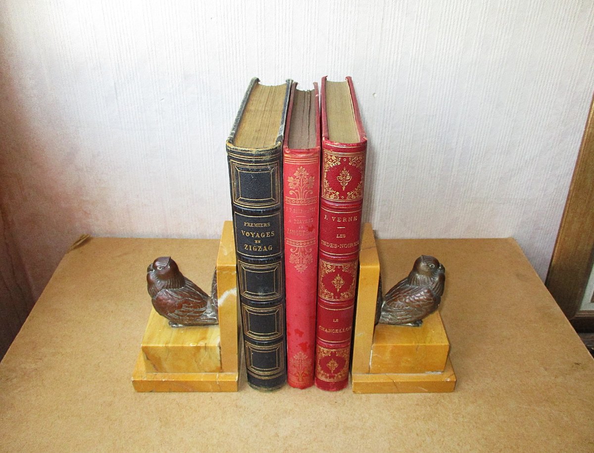 Beautiful Pair Of Bookends In Patinated Regula Bronze And Sienna Marble, Bookends.-photo-2
