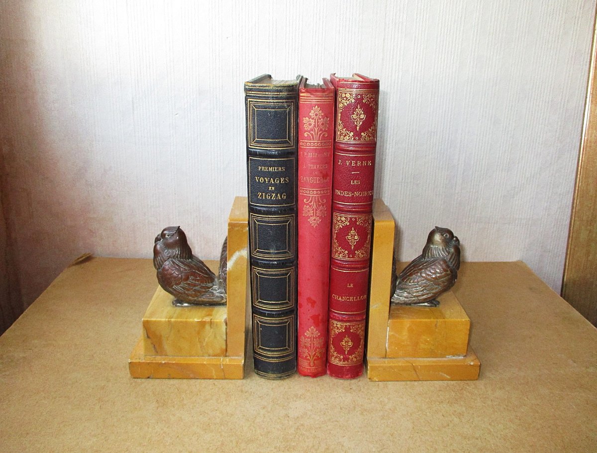 Beautiful Pair Of Bookends In Patinated Regula Bronze And Sienna Marble, Bookends.-photo-3