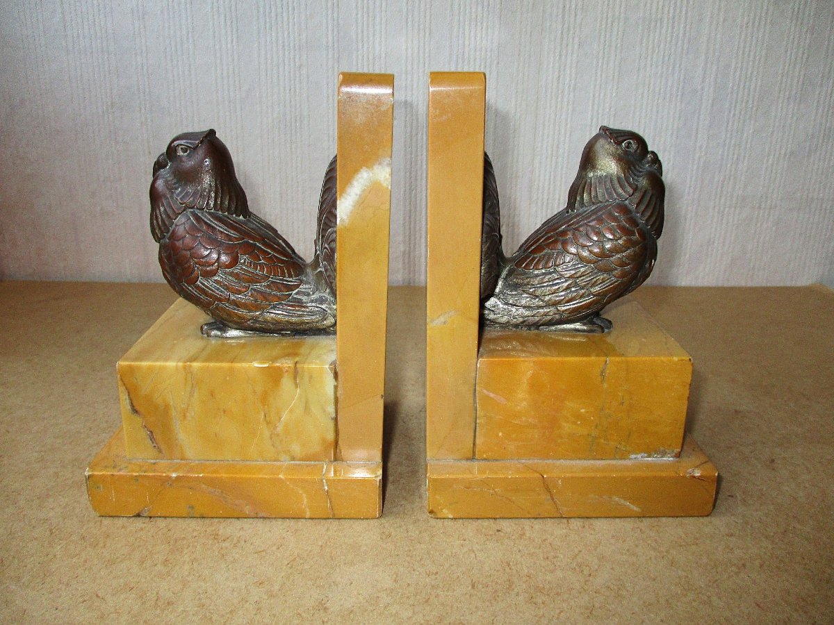 Beautiful Pair Of Bookends In Patinated Regula Bronze And Sienna Marble, Bookends.-photo-4